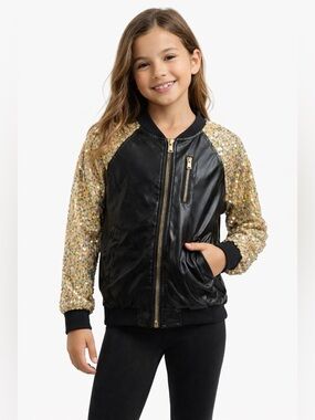 WELAKEN Girls Sequin Sleeve Faux Leather Bomber Jacket Size 8Y Black Gold